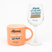 Taza con mensaje para madres y copa de vino con mensaje para madres de Mr. Wonderful