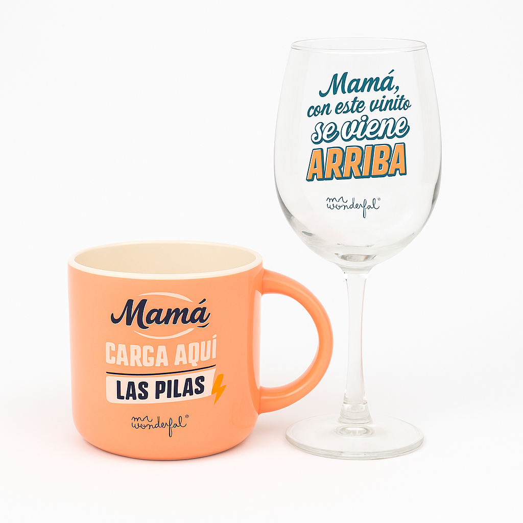 Taza con mensaje para madres y copa de vino con mensaje para madres de Mr. Wonderful