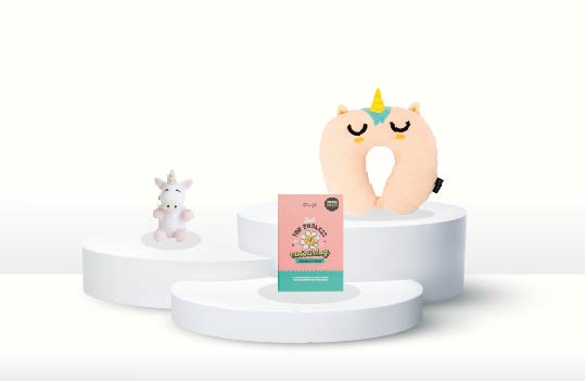Pack Viaje unicornio - Cojín cervical unicornio + llavero de peluche + libro de colorear