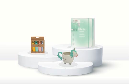 Pack Wonder World – Libreta A5 transparente + set de 4 subrayadores con tinta de purpurina + taza unicornio