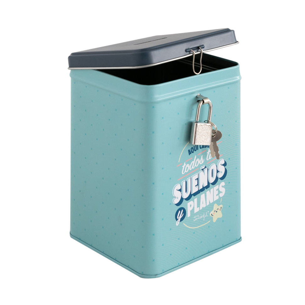 Hucha metálica con frase Mr. Wonderful - Aquí caben todos tus planes y sueños