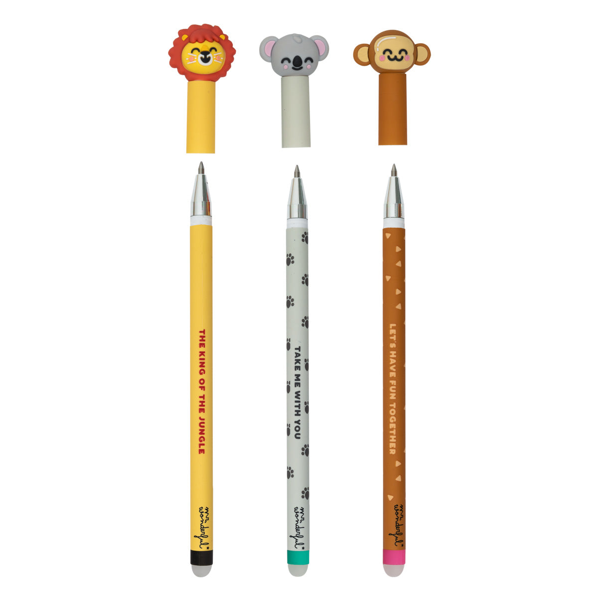 Set of 3 erasable pens for unforgettable notes - Lion, monkey and koala.