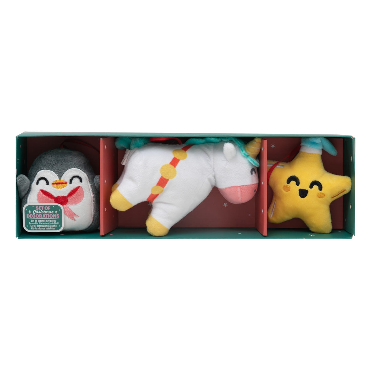 Lot de 3 décorations de Noël en peluche - Licorne, étoile, pingouin 