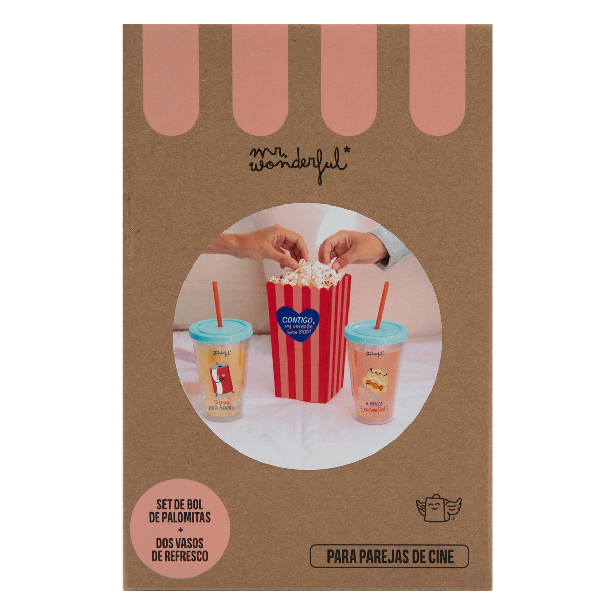 Set de bol de palomitas + dos vasos de refresco para parejas de cine