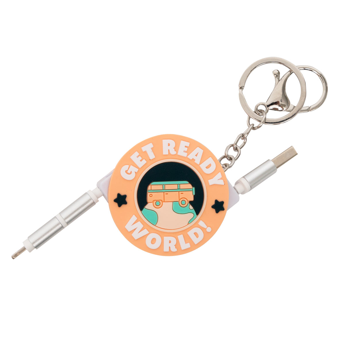 Pack Viaje naranja - Llavero con cables para móvil + funda de pasaporte + botella térmica