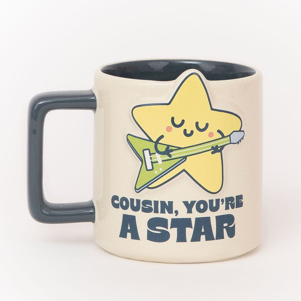 Taza Mr. Wonderful con estrella 3D y mensaje en inglés para primos y primas Cousin, you're a star