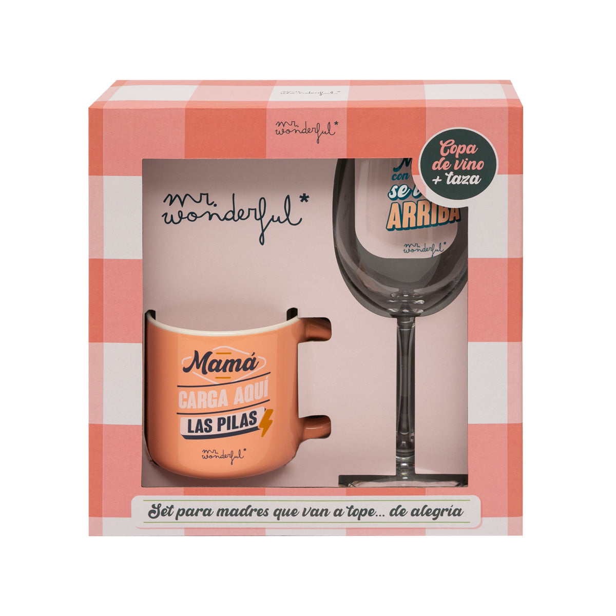 Set de copa de vino + taza para esas madres que van siempre a tope... de alegría.