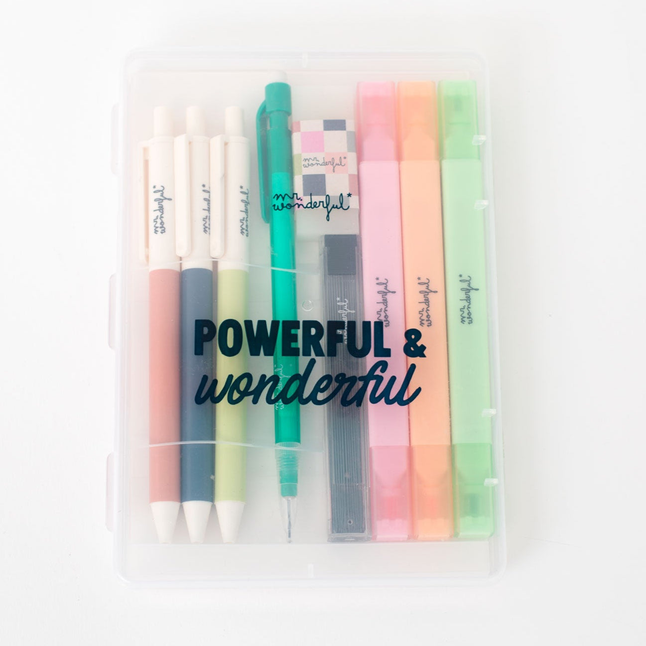 Set de escritura con práctico estuche transpareente - Powerful & wonderful