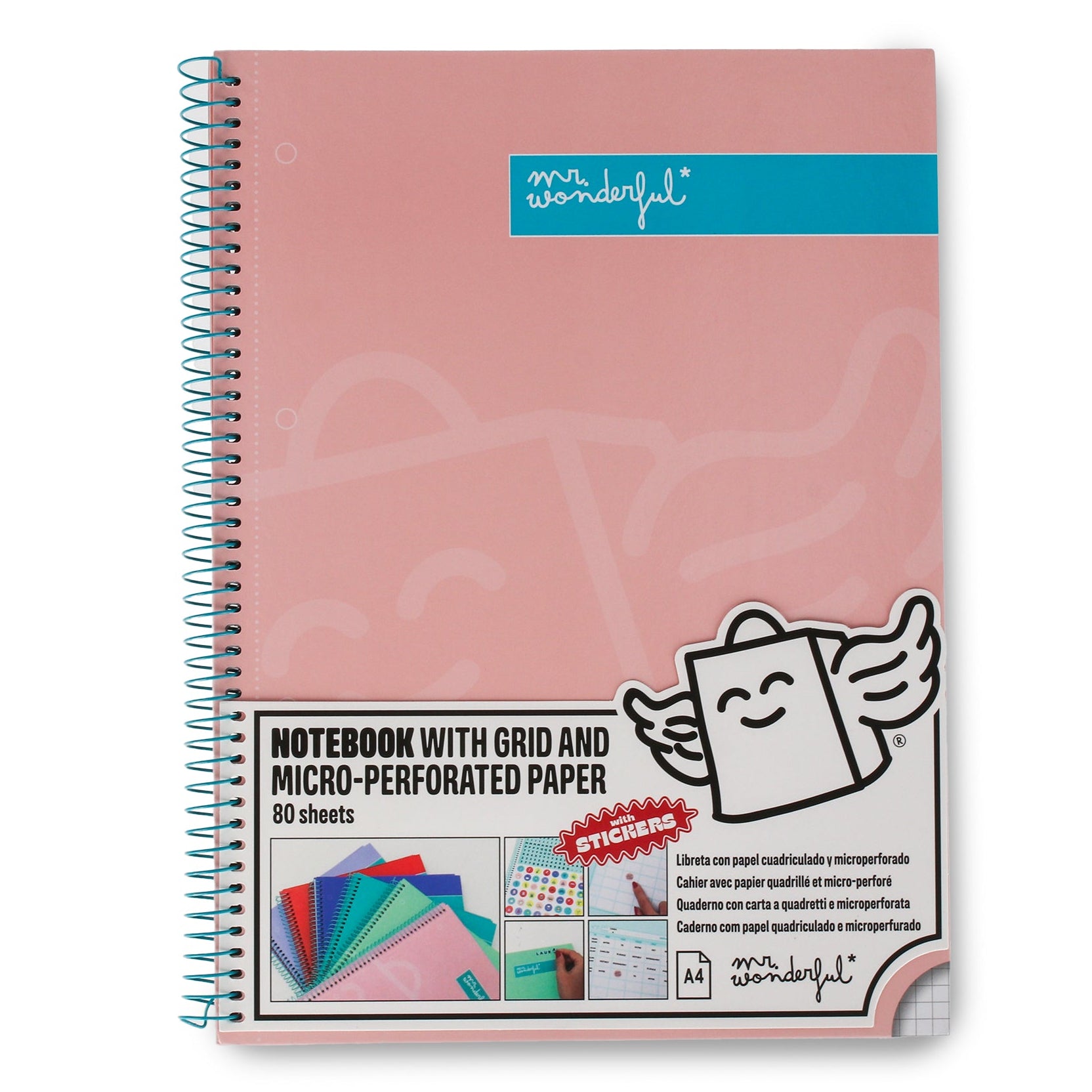 Libreta A4 Mr. Wonderful básica rosa 80 hojas - Cuadriculada y microperforada