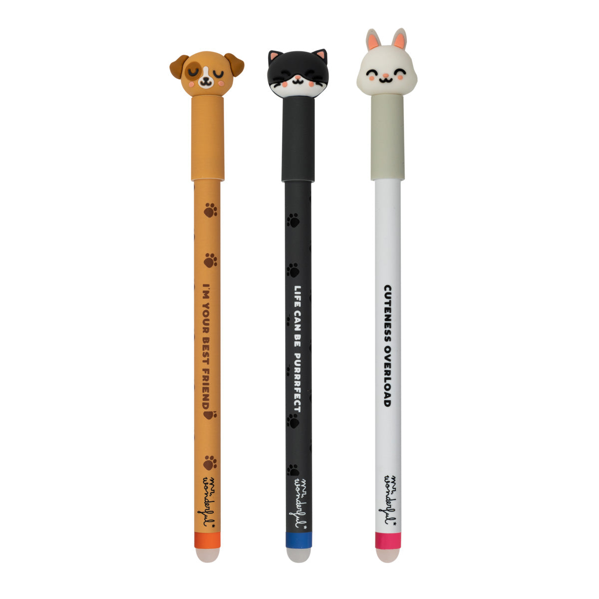 Set de 3 de nuestros bolis borrables  -Perro, Gato y Conejo