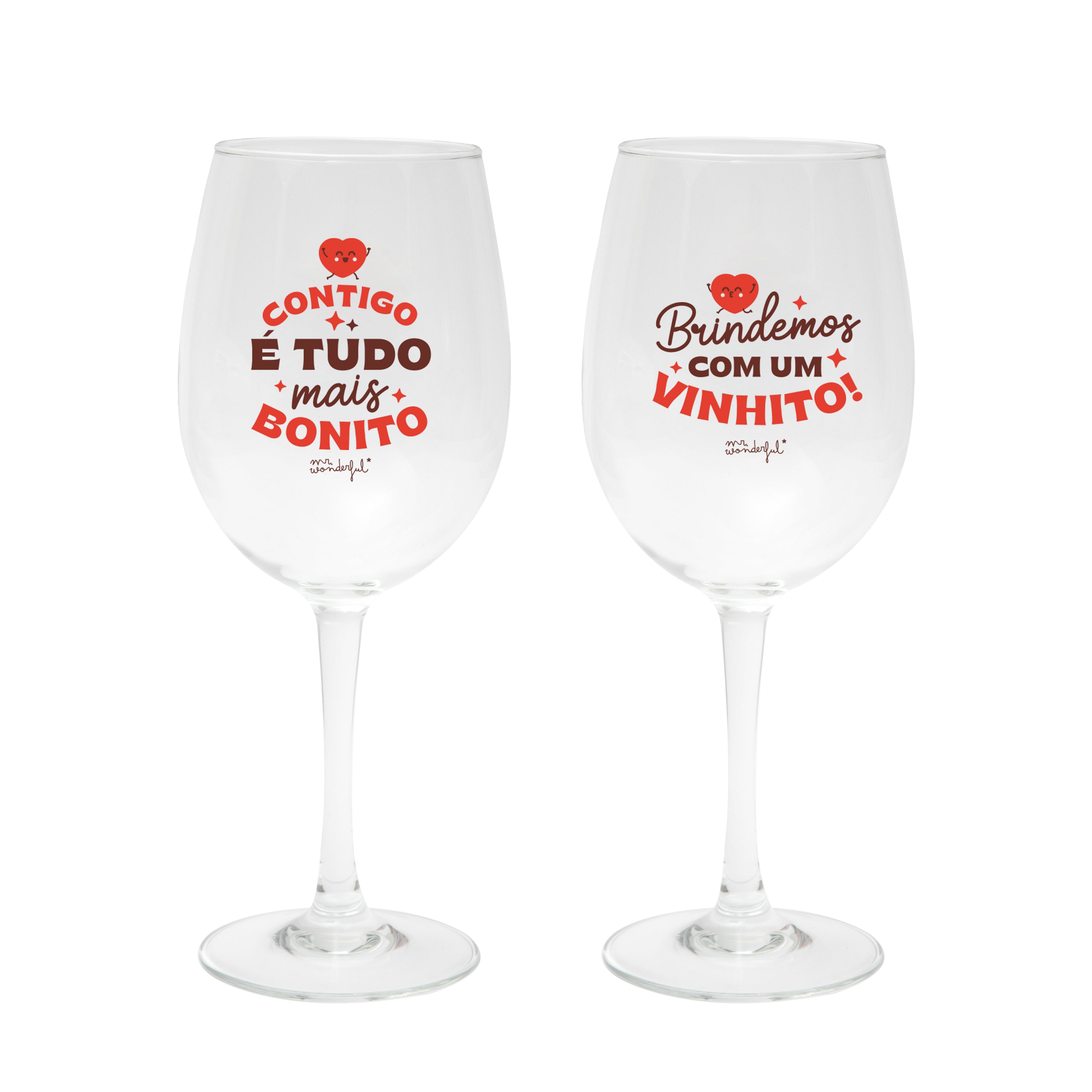 Kit de 2 copos de vinho - Contigo é tudo mais bonito. Brindemos com um vinhito!