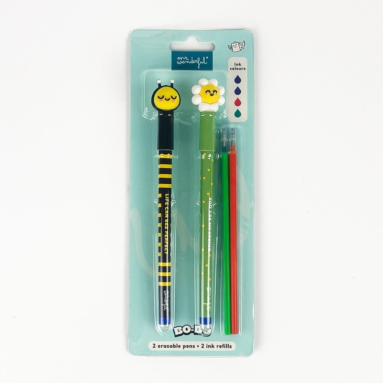 Set de bolígrafos borrables Bo-Bo Mr. Wonderful abeja y margarita y dos recambios de tinta