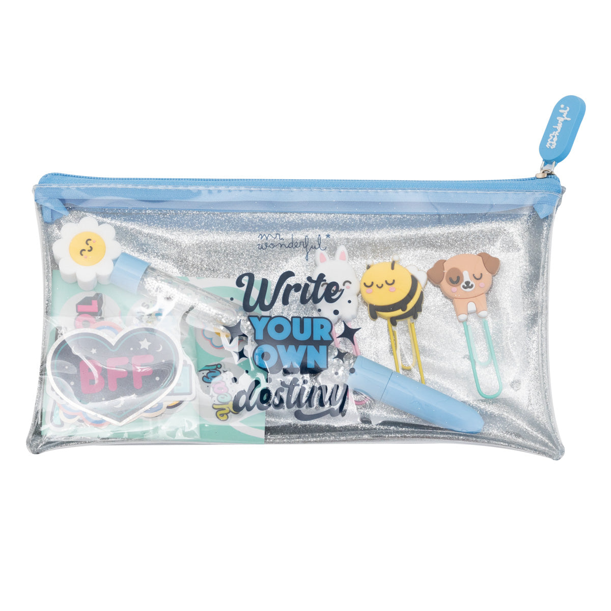 Set de estuche + boli + clips + pegatinas glitter - Write your own destiny.