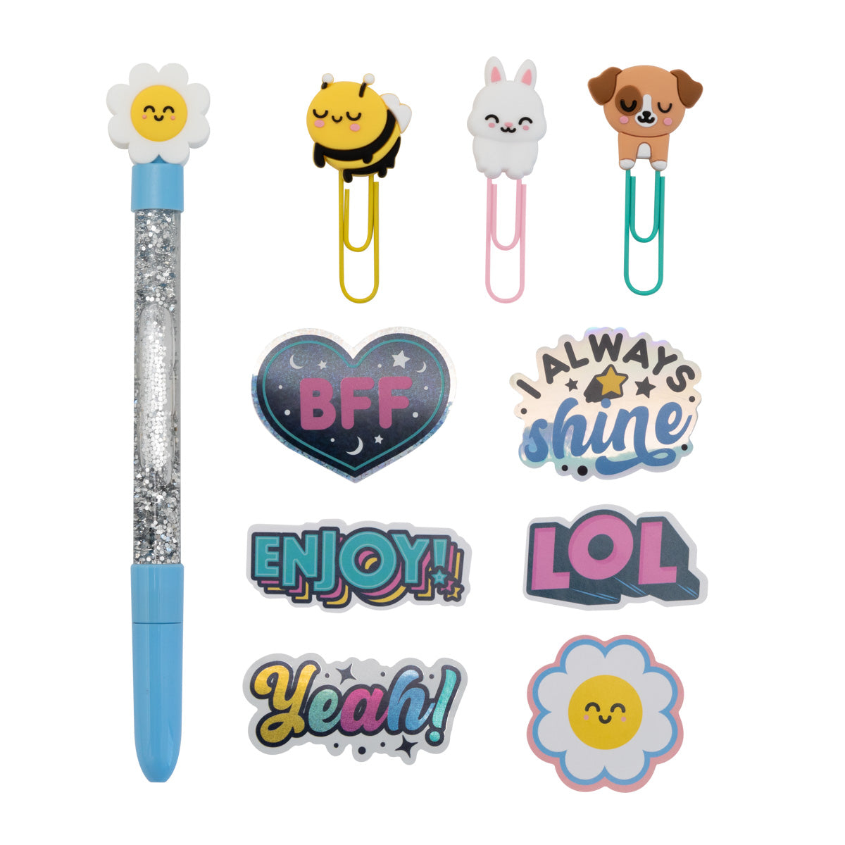 Set de estuche + boli + clips + pegatinas glitter - Write your own destiny.
