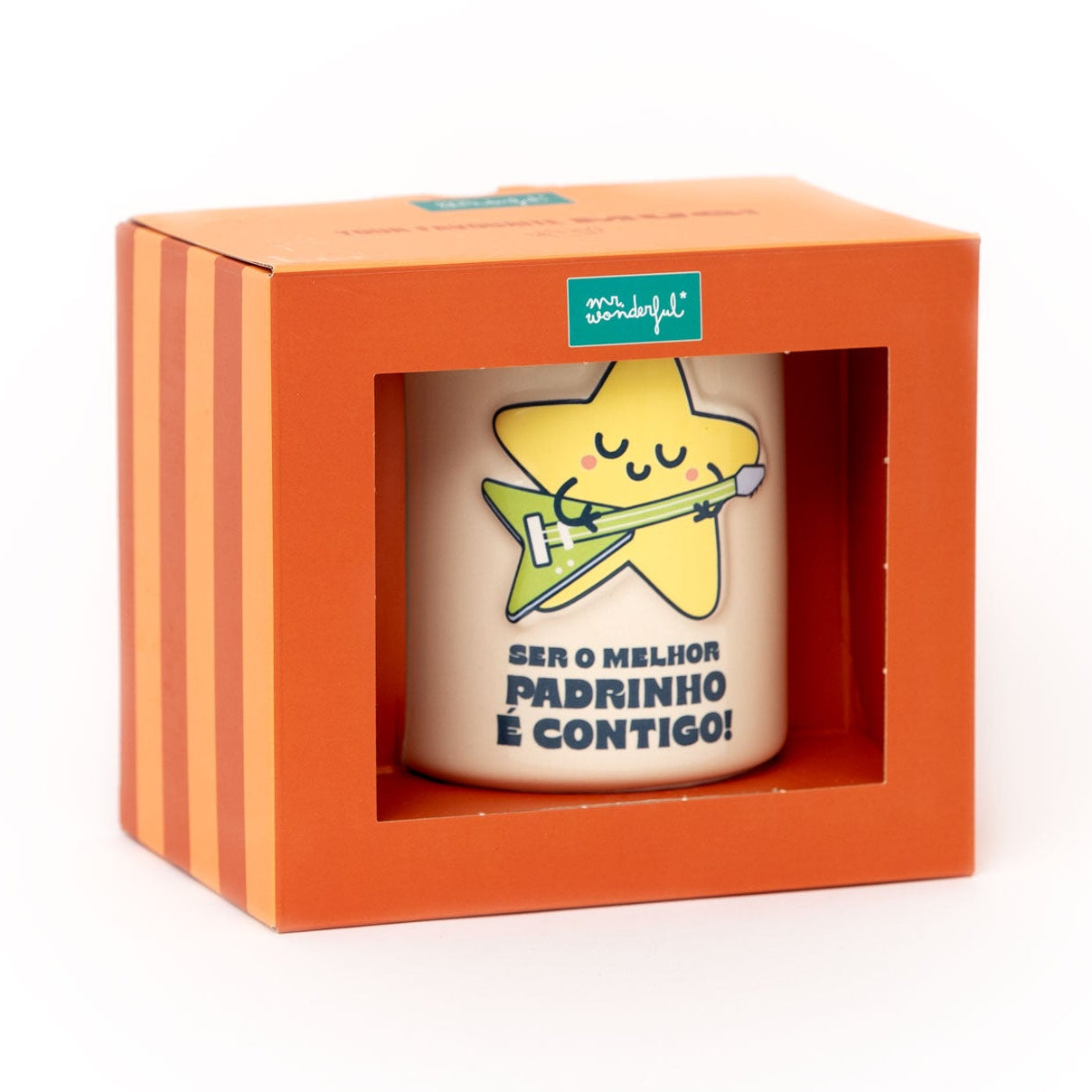 Caneca com desenho 3D duma estrela e uma mensagem dirigida aos padrinhos