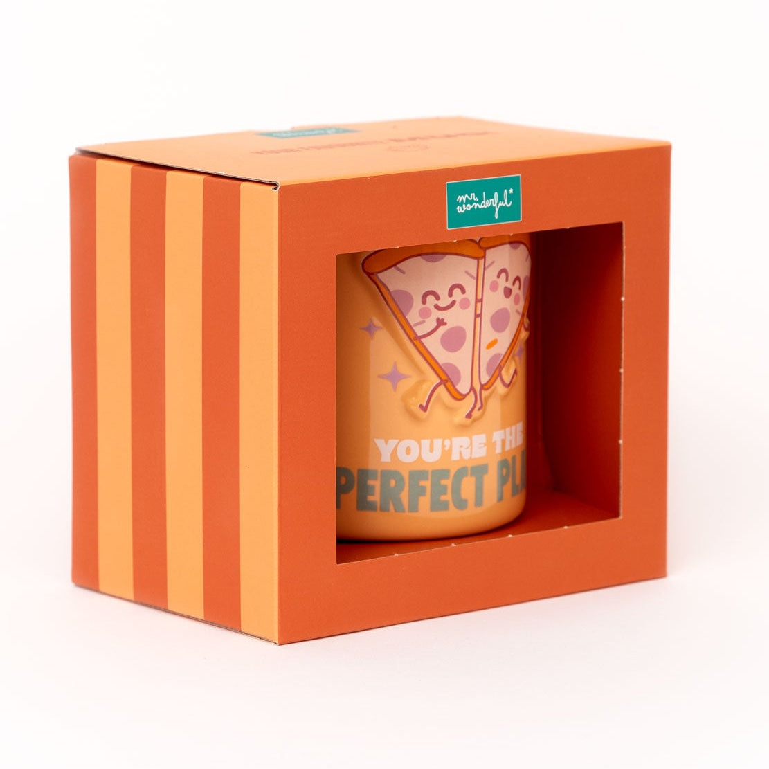 Taza Mr. Wonderful con frase en inglés de amistad y diseño de pizzas 3D