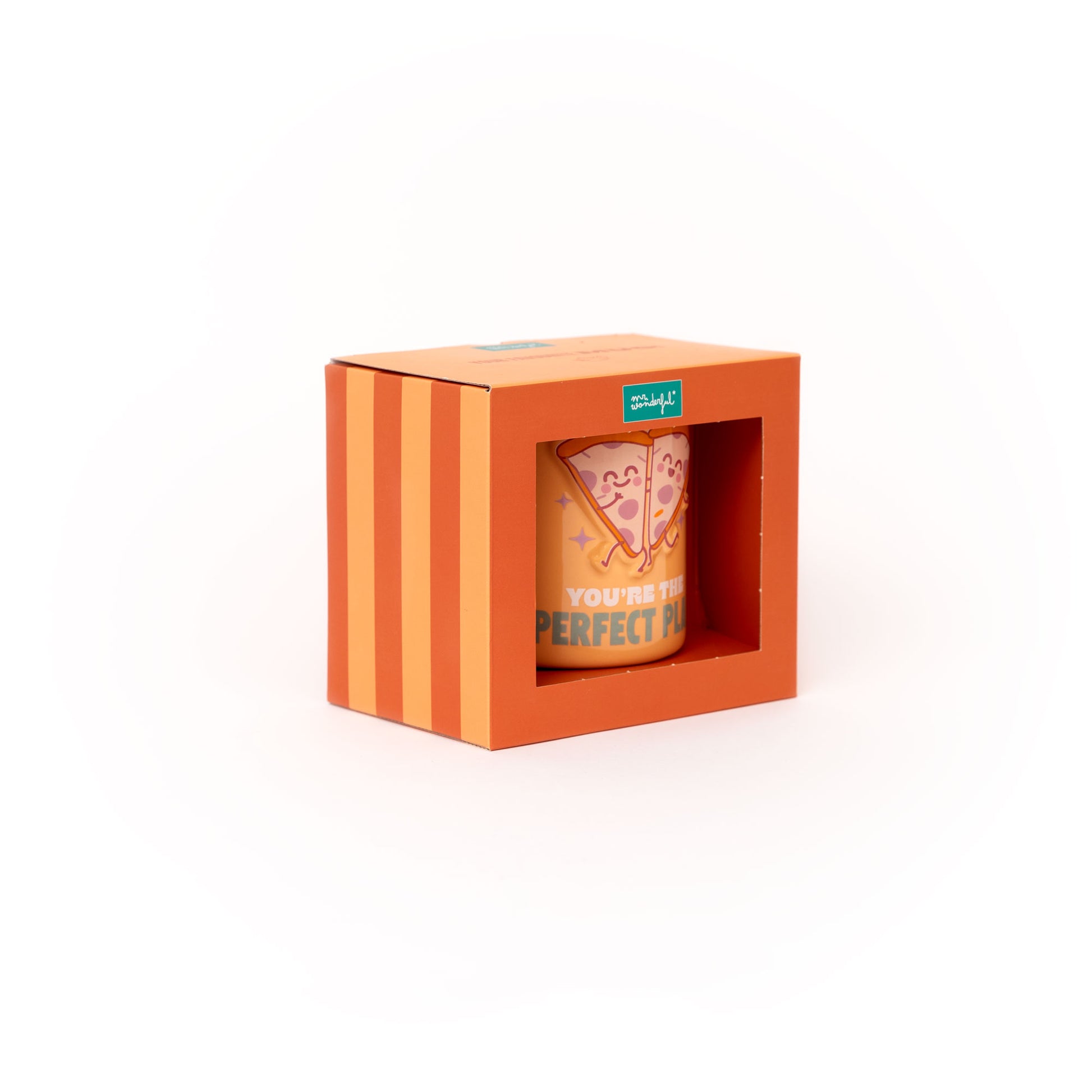 Taza Mr. Wonderful con frase en inglés de amistad y diseño de pizzas 3D