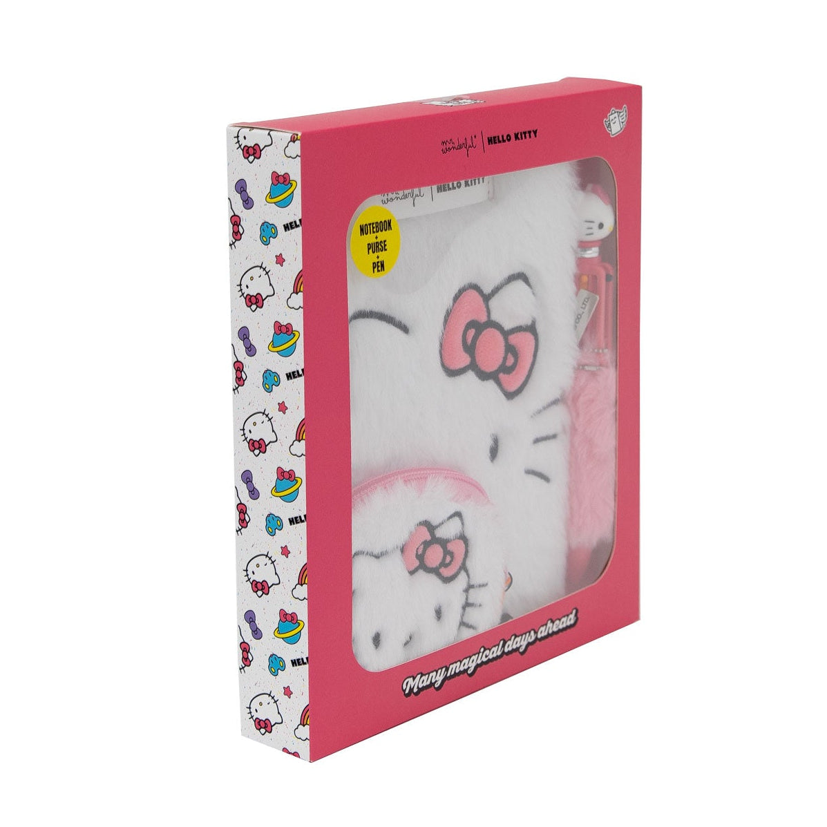 Set para regalar de libreta peluche, monedero peluche y boli peluche Hello Kitty x Mr. Wonderful
