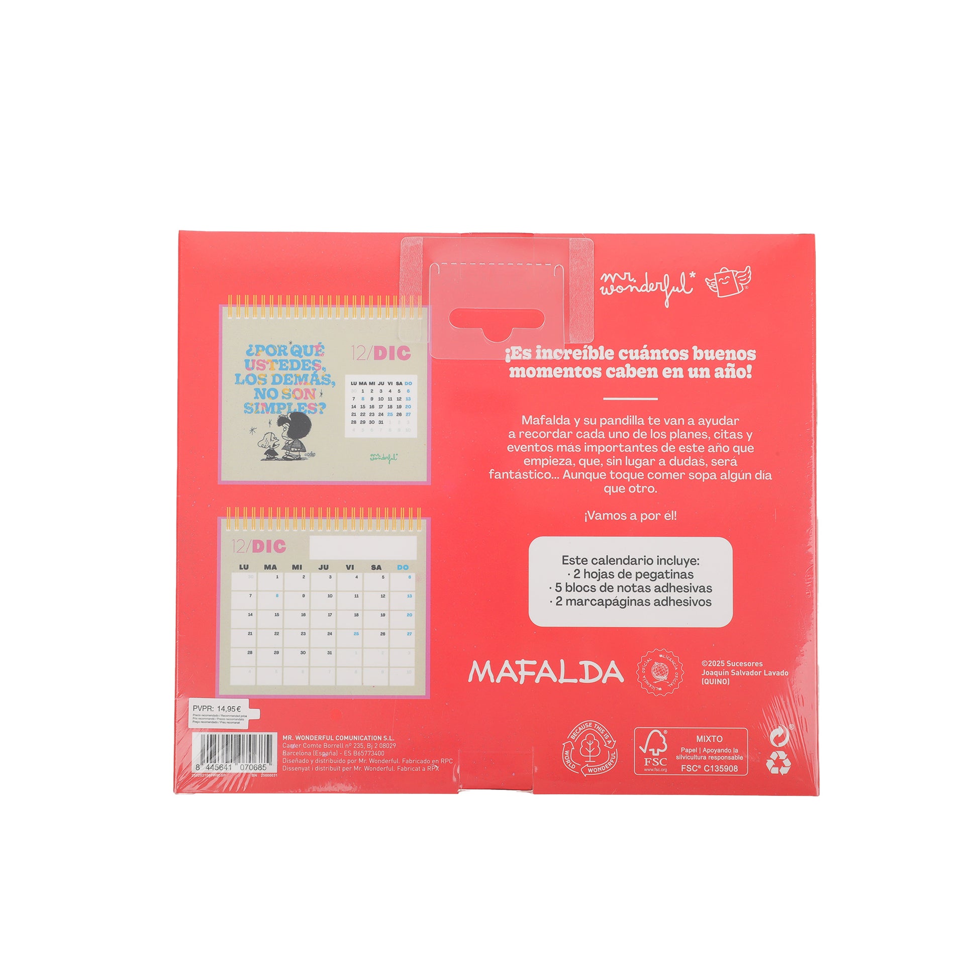 Calendario de Mafalda y Mr. Wonderful para 2026 para escritorio o sobremesa