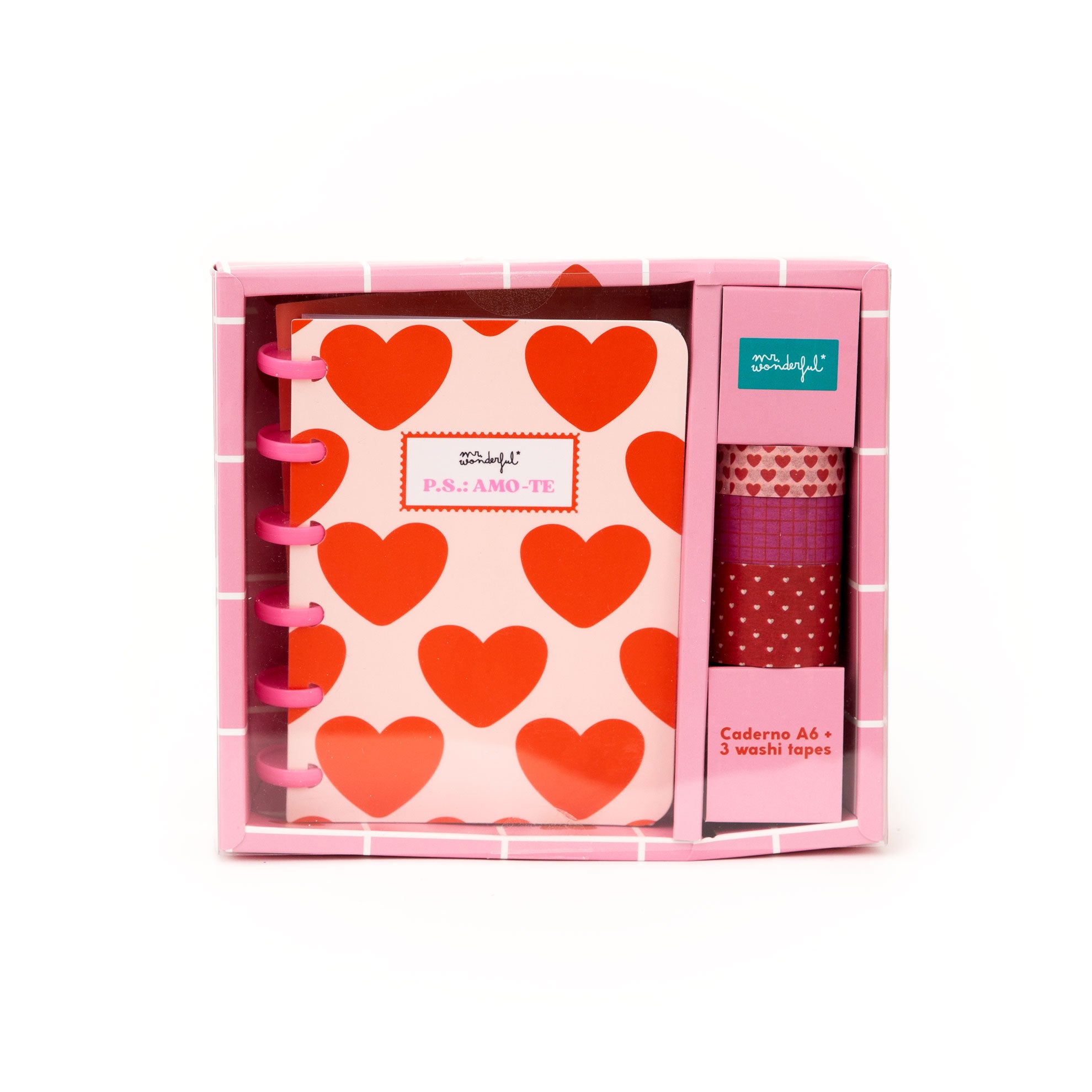 Conjunto de caderno A6 para deixar mensagens de amor + 3 washi tapes - P.S.: Amo-te