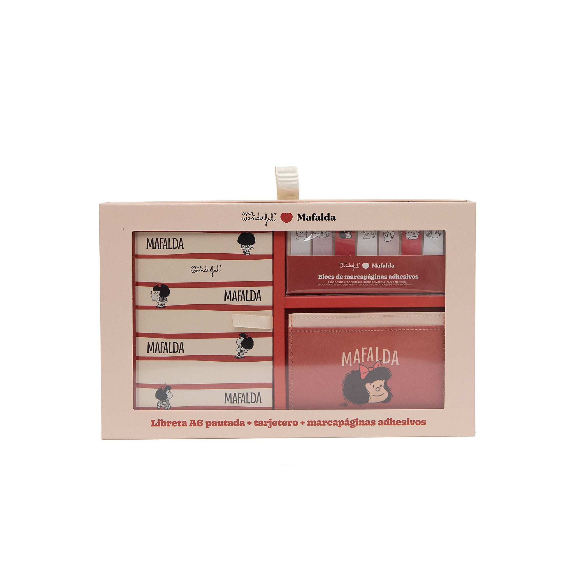 Set de libreta A6 + tarjetero + marcapáginas adhesivos - Mafalda