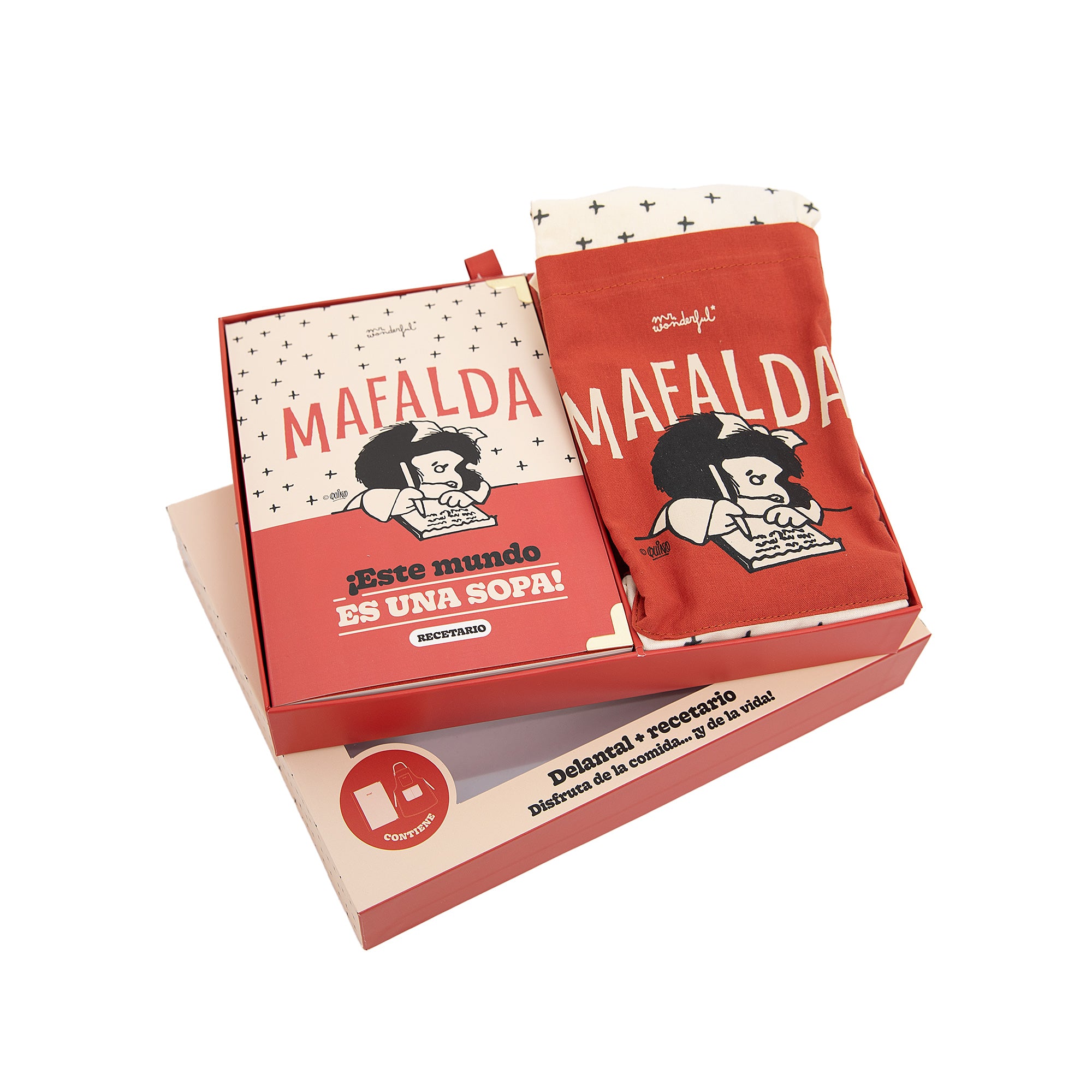 Set de delantal + recetario Mafalda - ¡Este mundo es una sopa!