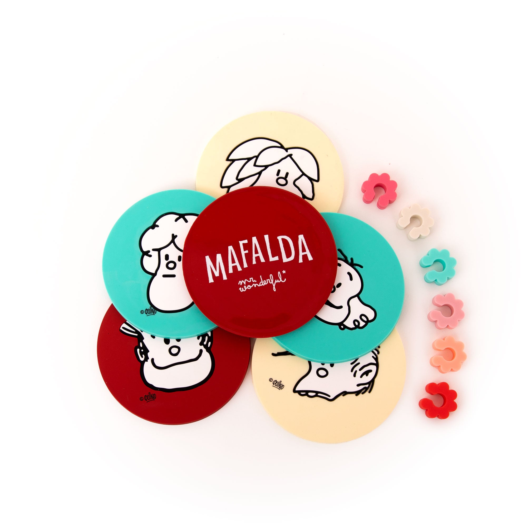 Set de 6 posavasos  + 6 identificadores de copas - Mafalda