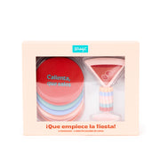 Set de 6 posavasos + 6 identificadores de copas - ¡Que empiece la fiesta!