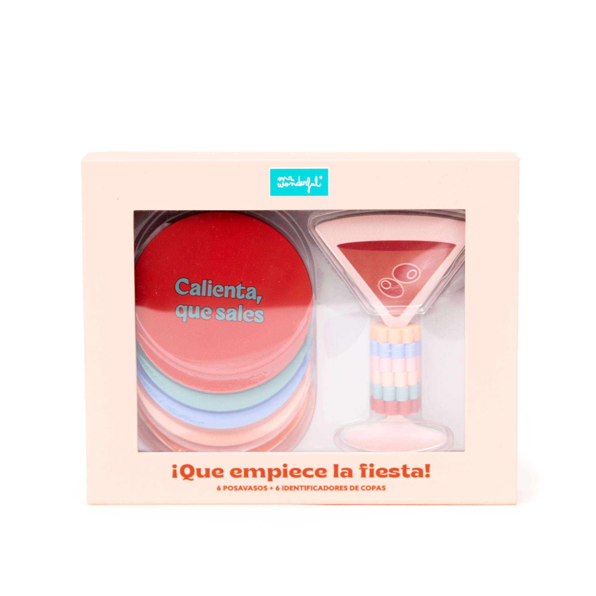Set de 6 posavasos + 6 identificadores de copas - ¡Que empiece la fiesta!