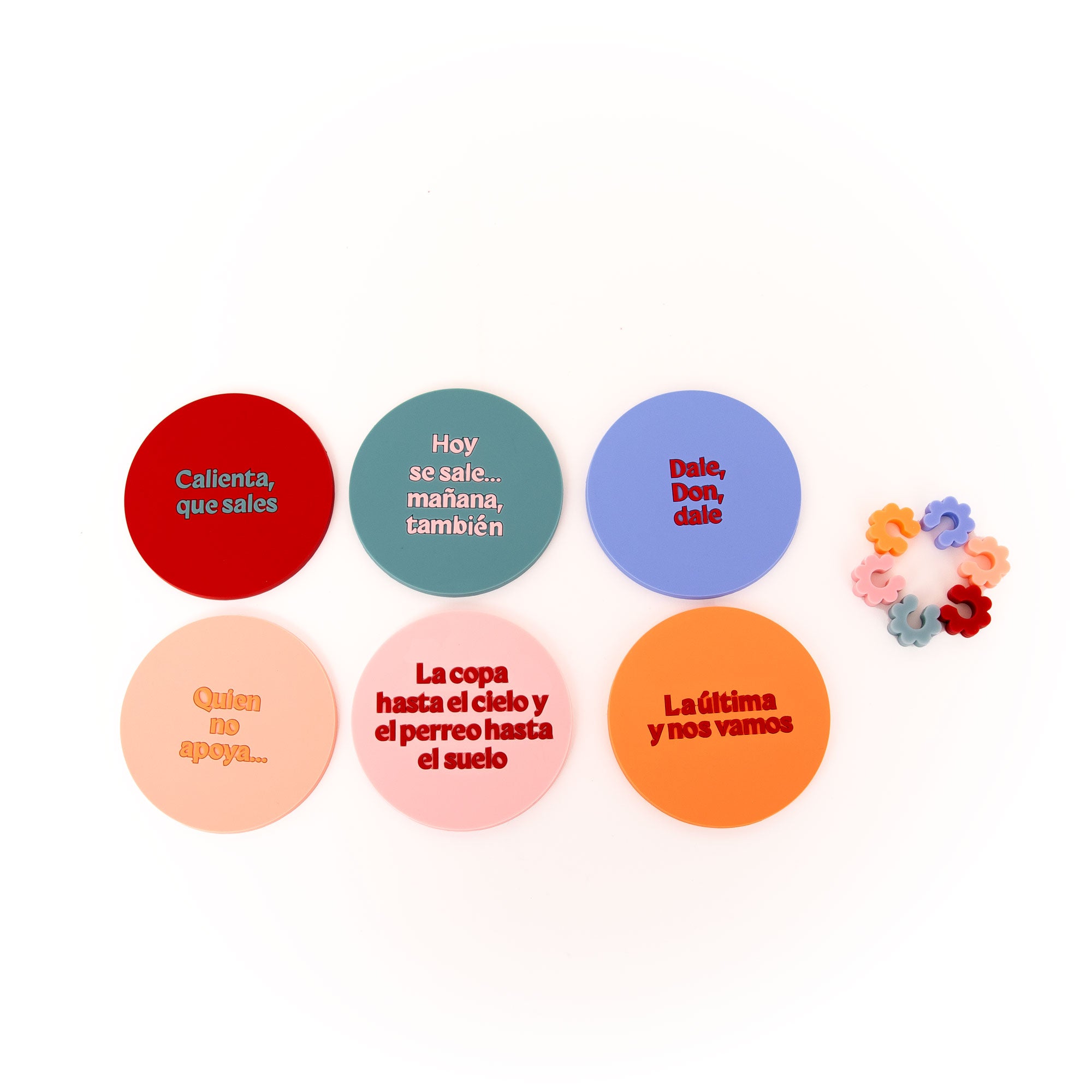 Set de 6 posavasos + 6 identificadores de copas - ¡Que empiece la fiesta!