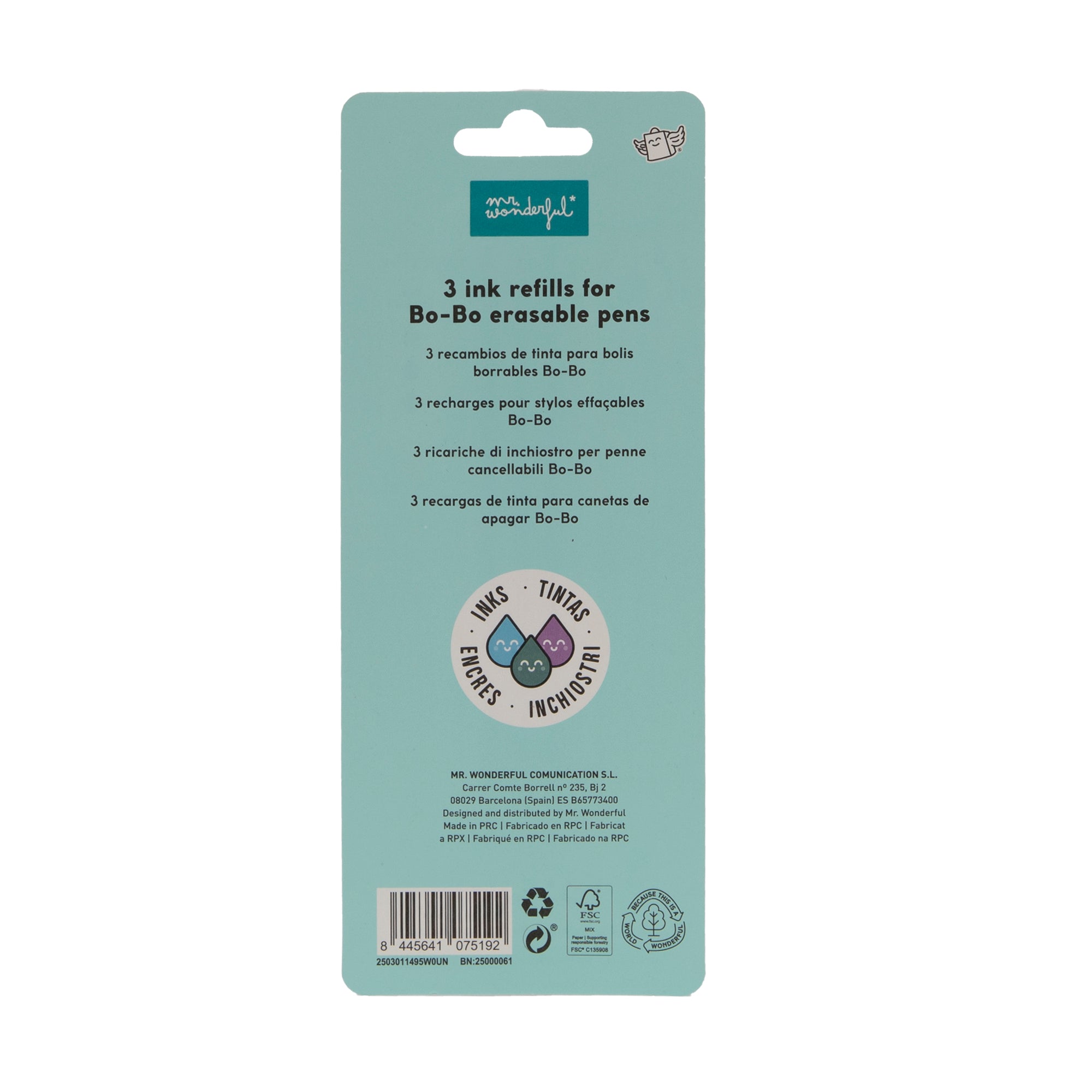 Set de 3 recambios de tinta para bolis borrables Bo-Bo - Celeste, verde y morado