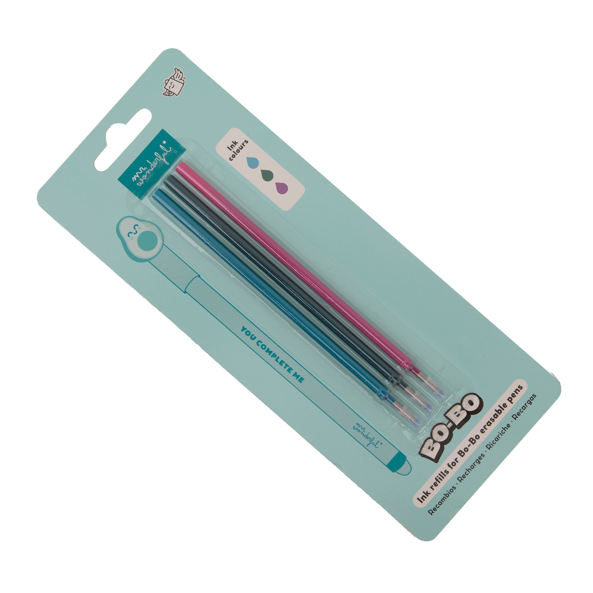 Set de 3 recambios de tinta para bolis borrables Bo-Bo - Celeste, verde y morado