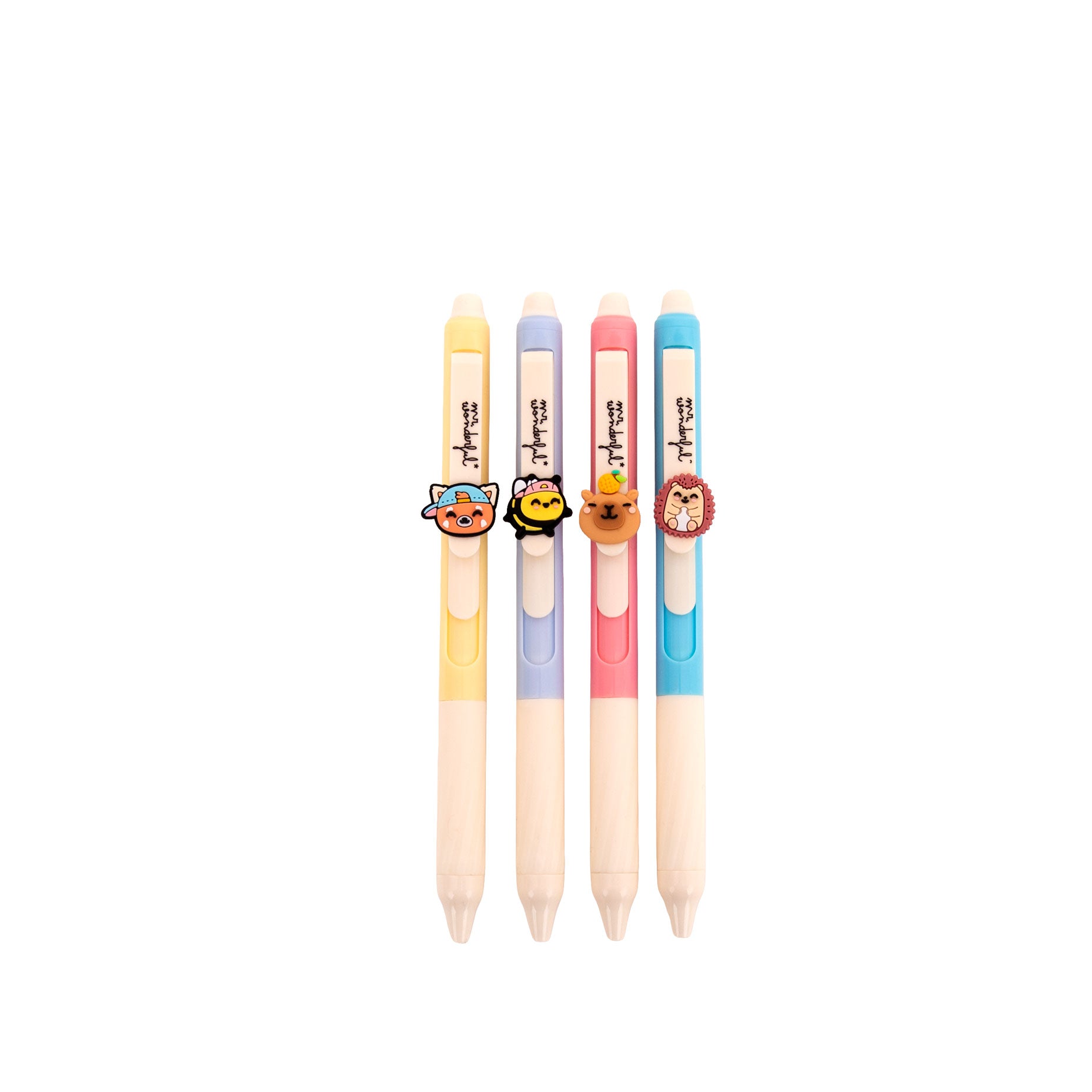 Set of 4 erasable pens with charms – Red panda, bee, capybara and hedgehog