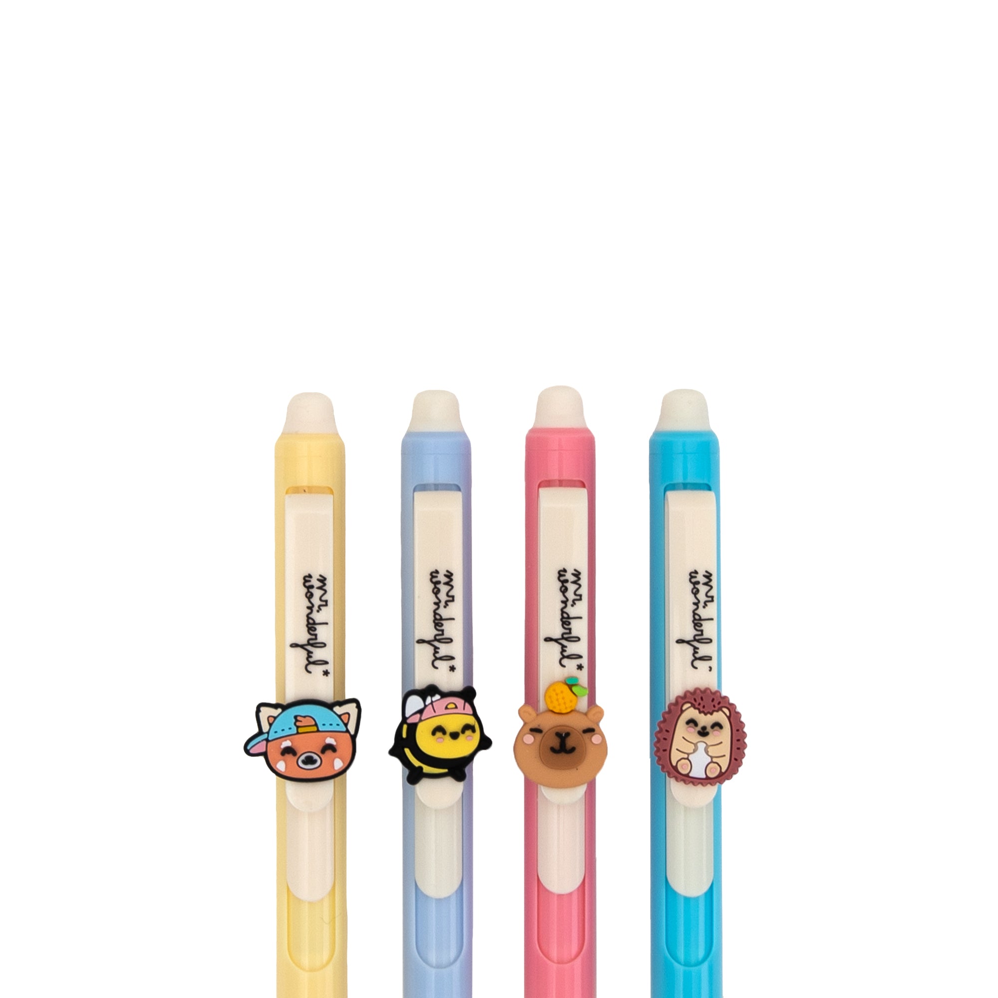 Set of 4 erasable pens with charms – Red panda, bee, capybara and hedgehog