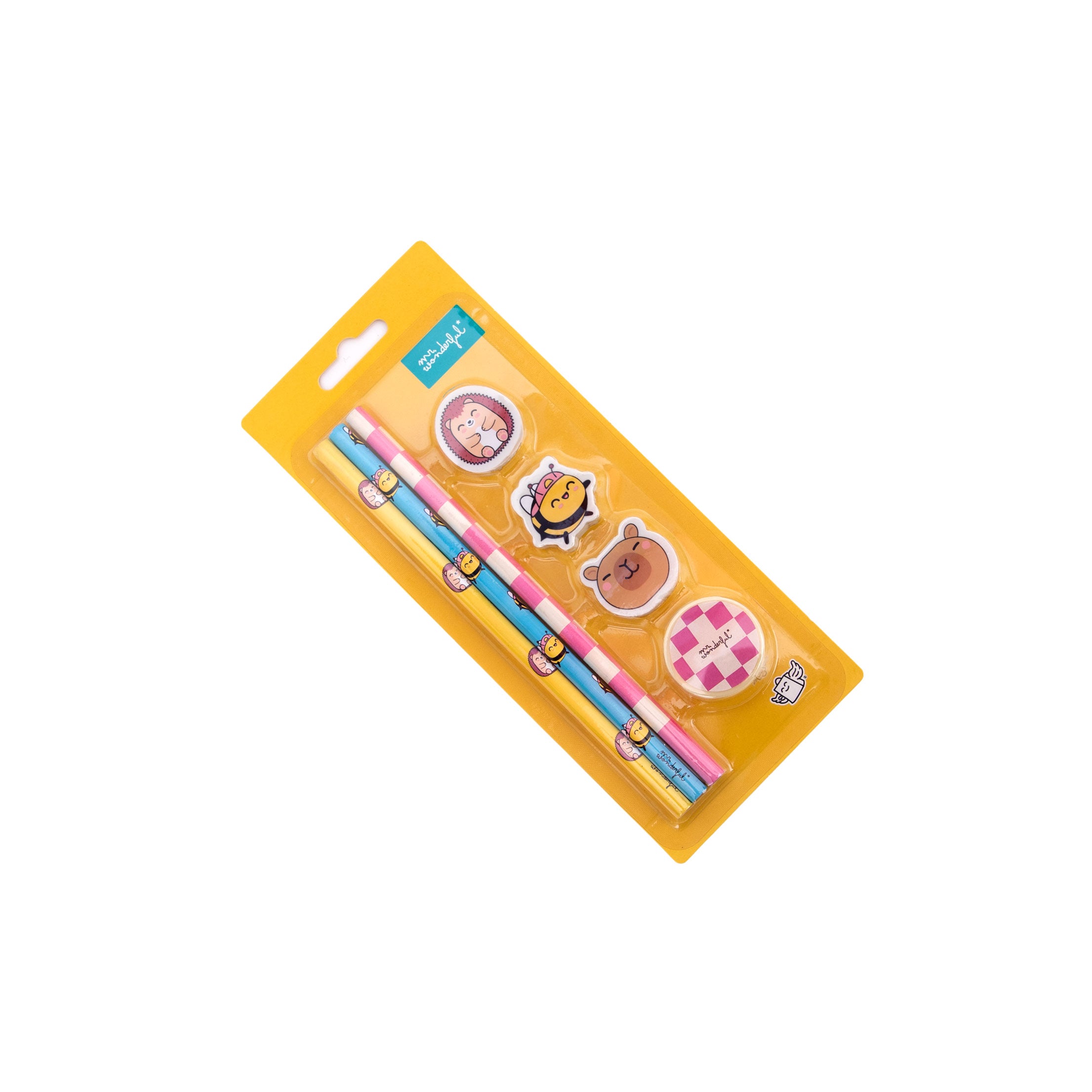 Set de 3 lápices + 3 gomas de borrar + 1 sacapuntas - Wonder Comic