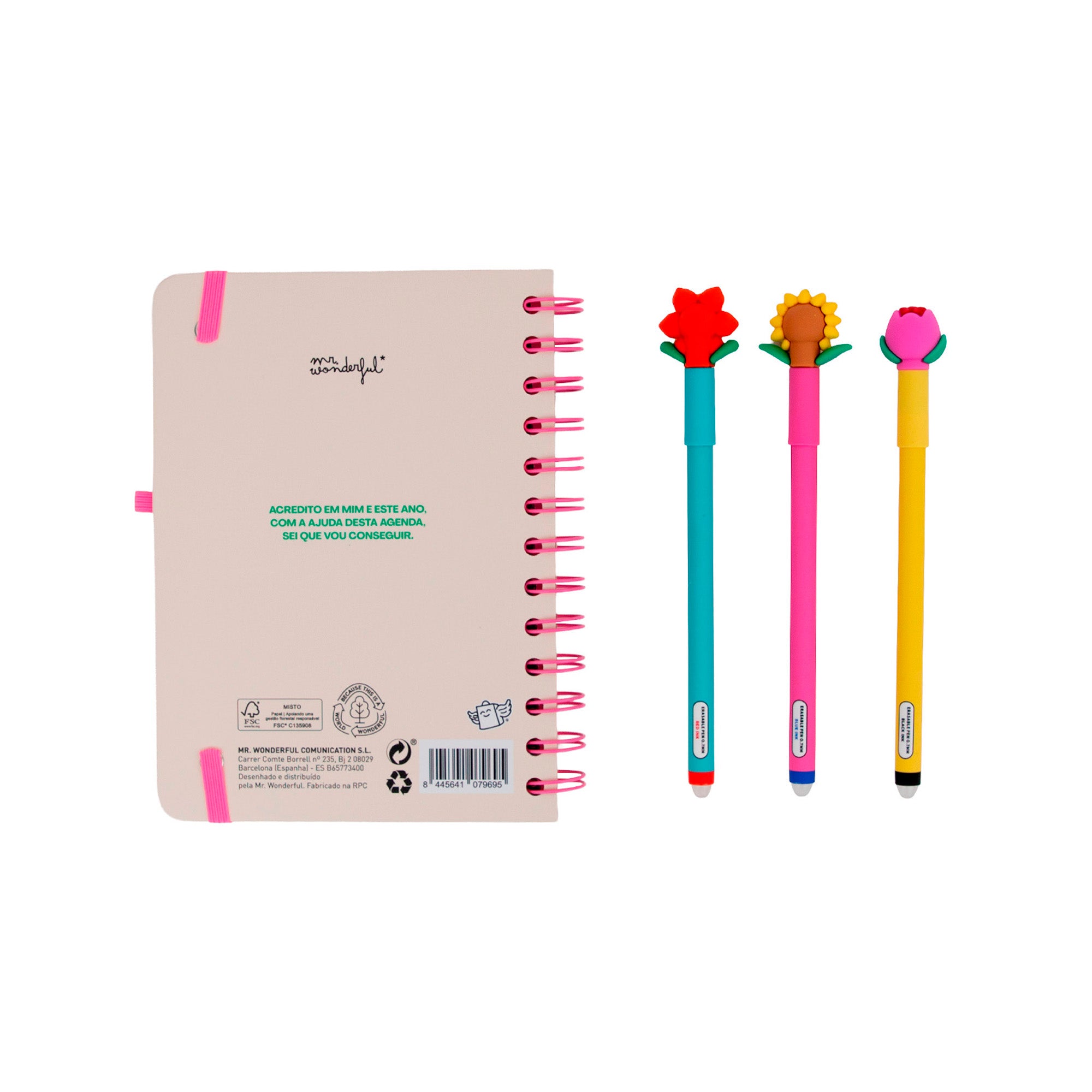 Conjunto agenda Mr. Wonderful pequena 2026-27 Semanal + 3 canetas apagáveis Bo-Bo - Ready