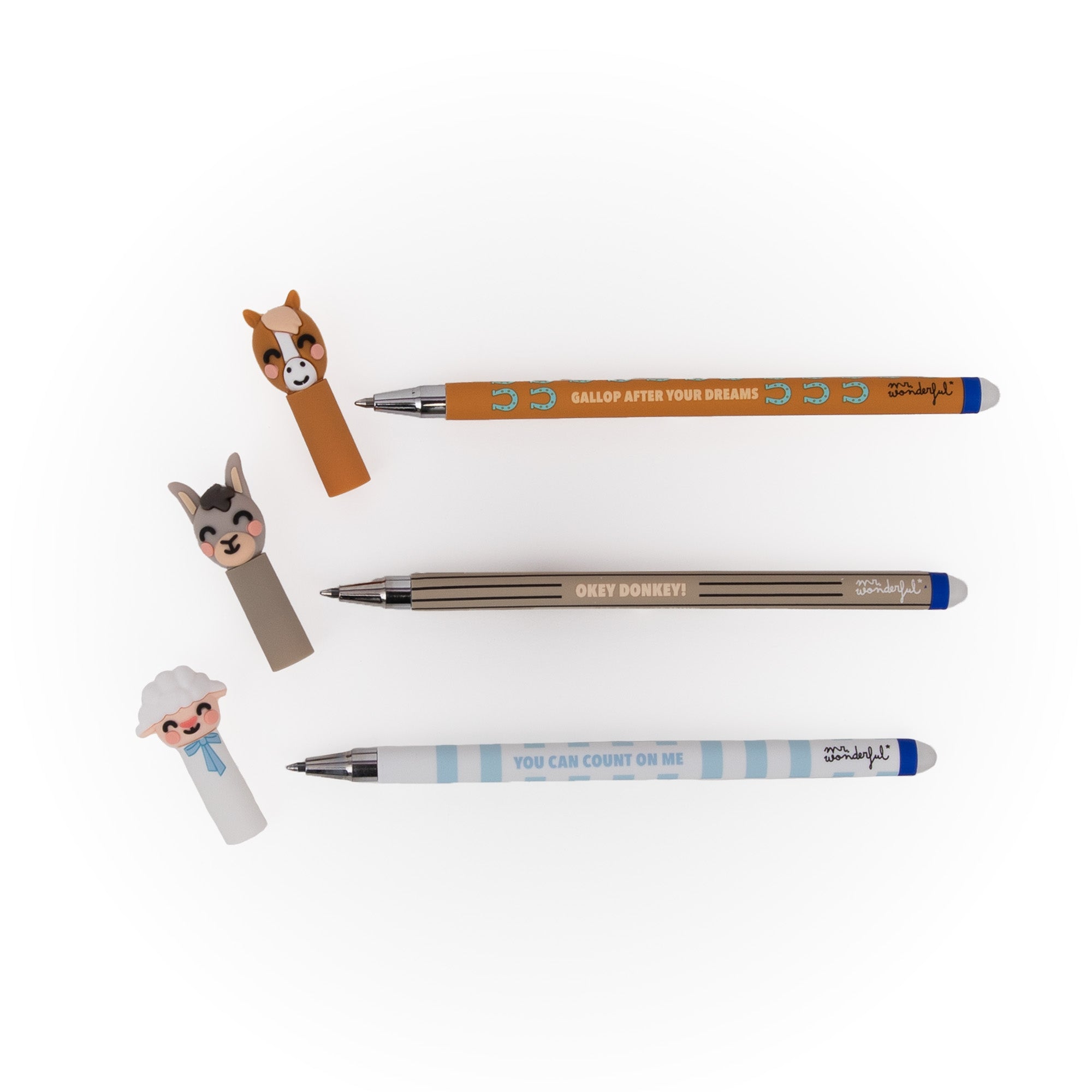 Set di 3 penne cancellabili Bo-Bo – Fattoria: Agnello, Asino e Cavallo
