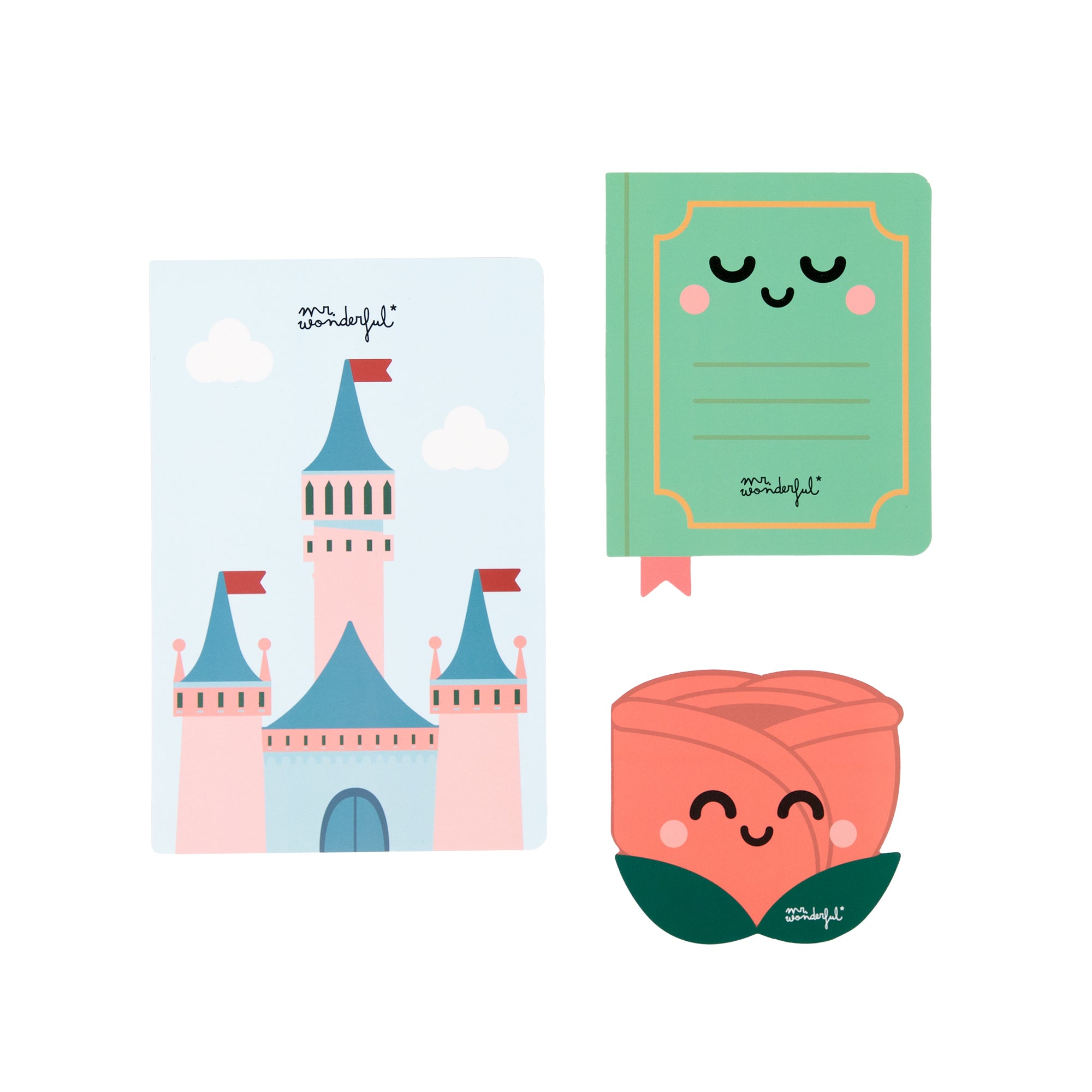 Set de 3 blocs de notas con aroma –Castillo, libro y rosa