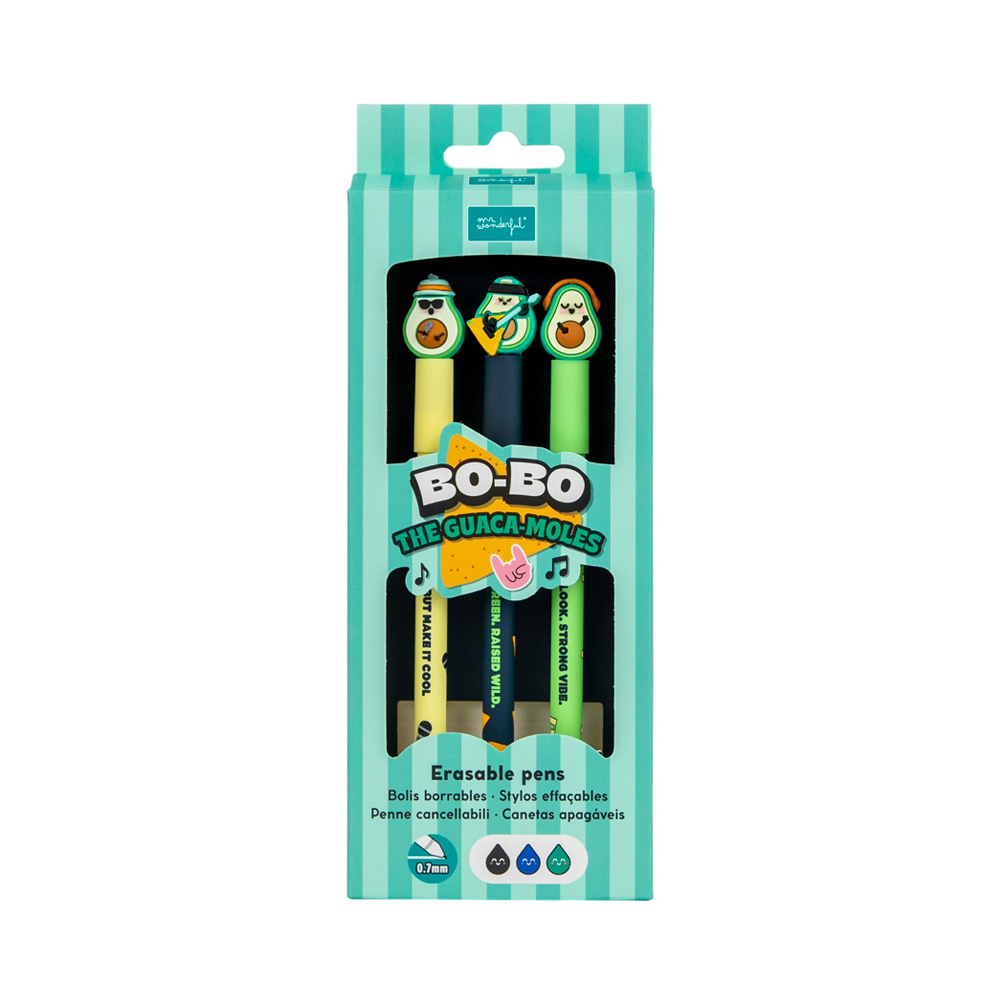 Set of 3 Bo-Bo Erasable Pens - Avocado Microphone + Guitar + Headphones