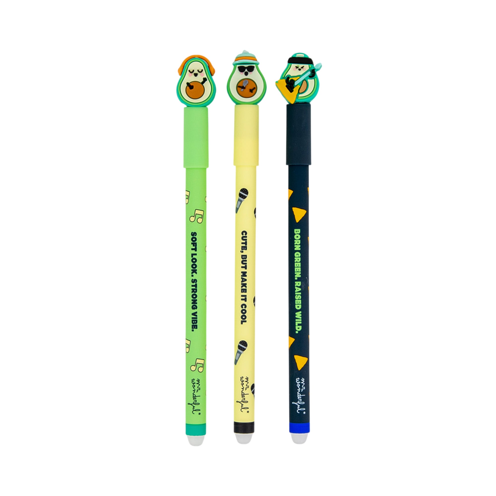 Set of 3 Bo-Bo Erasable Pens - Avocado Microphone + Guitar + Headphones