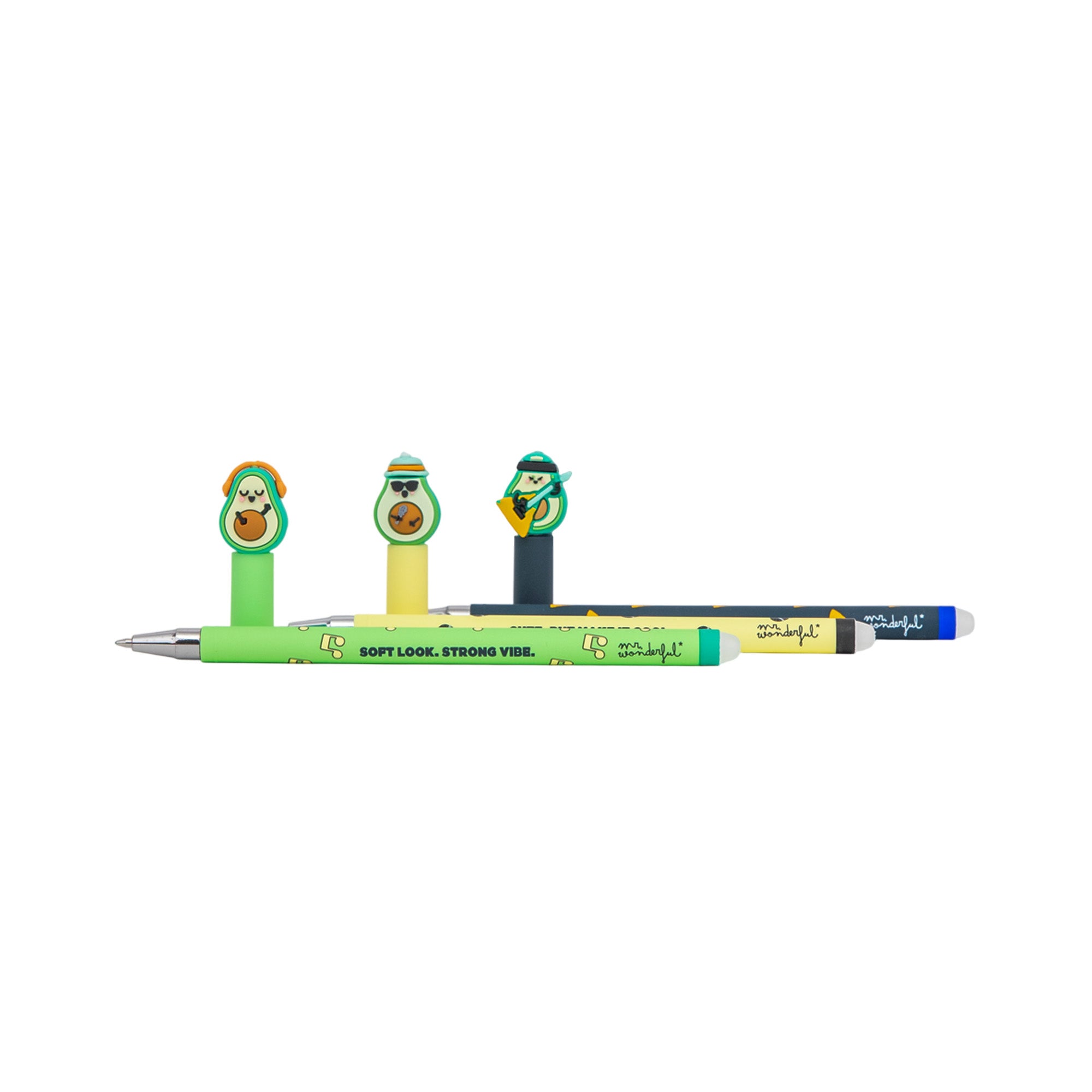Set of 3 Bo-Bo Erasable Pens - Avocado Microphone + Guitar + Headphones