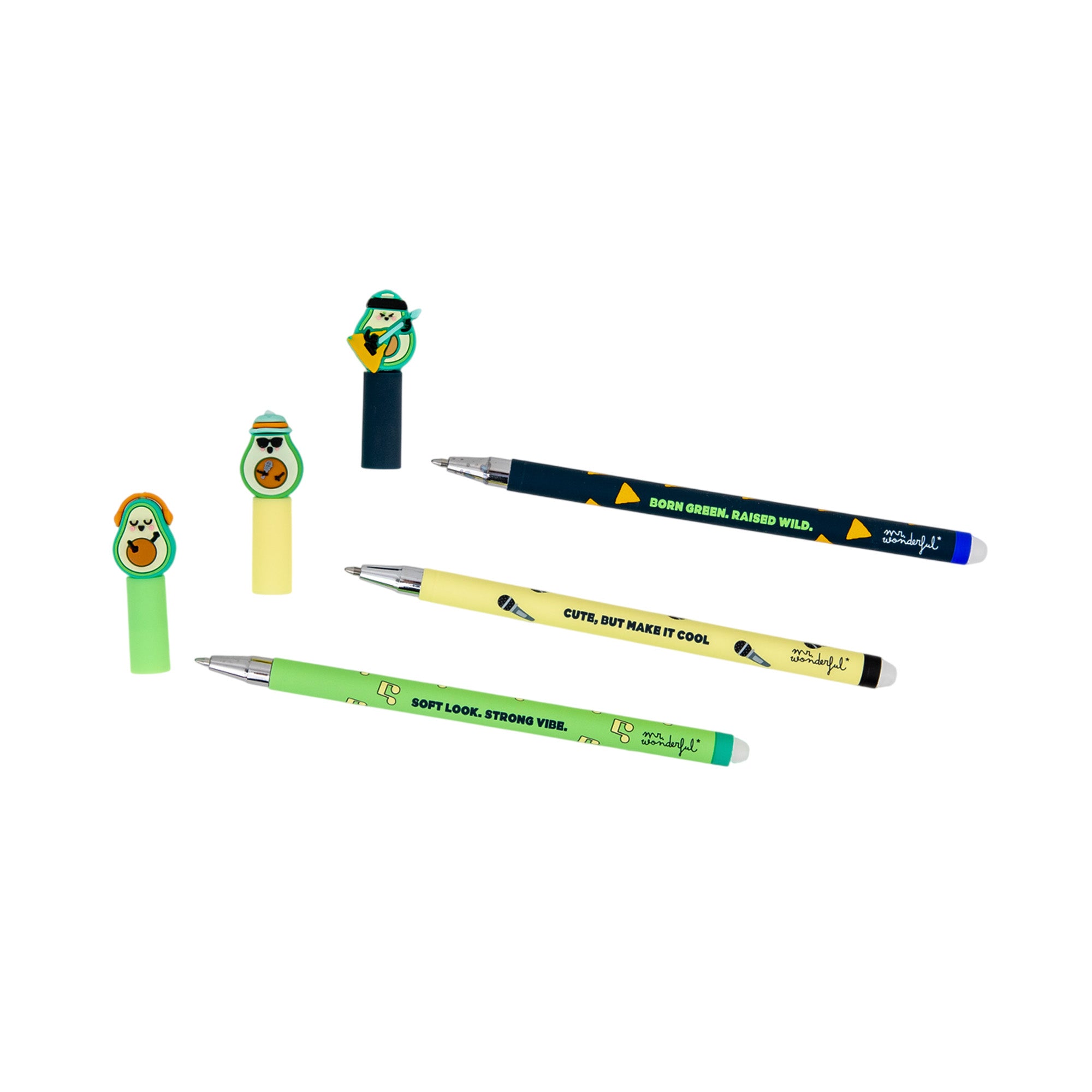 Set of 3 Bo-Bo Erasable Pens - Avocado Microphone + Guitar + Headphones