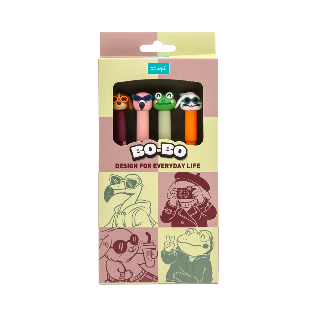 Set de 4 bolis borrables Bo-Bo - Conejo + Perro + Flamenco + Rana