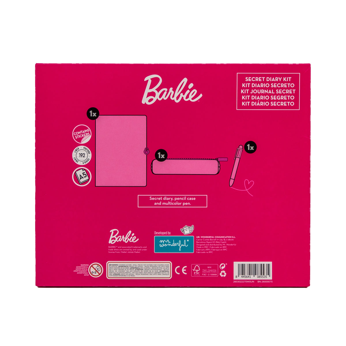 Diario Barbie con candado, llaves y pegatinas Mr. Wonderful