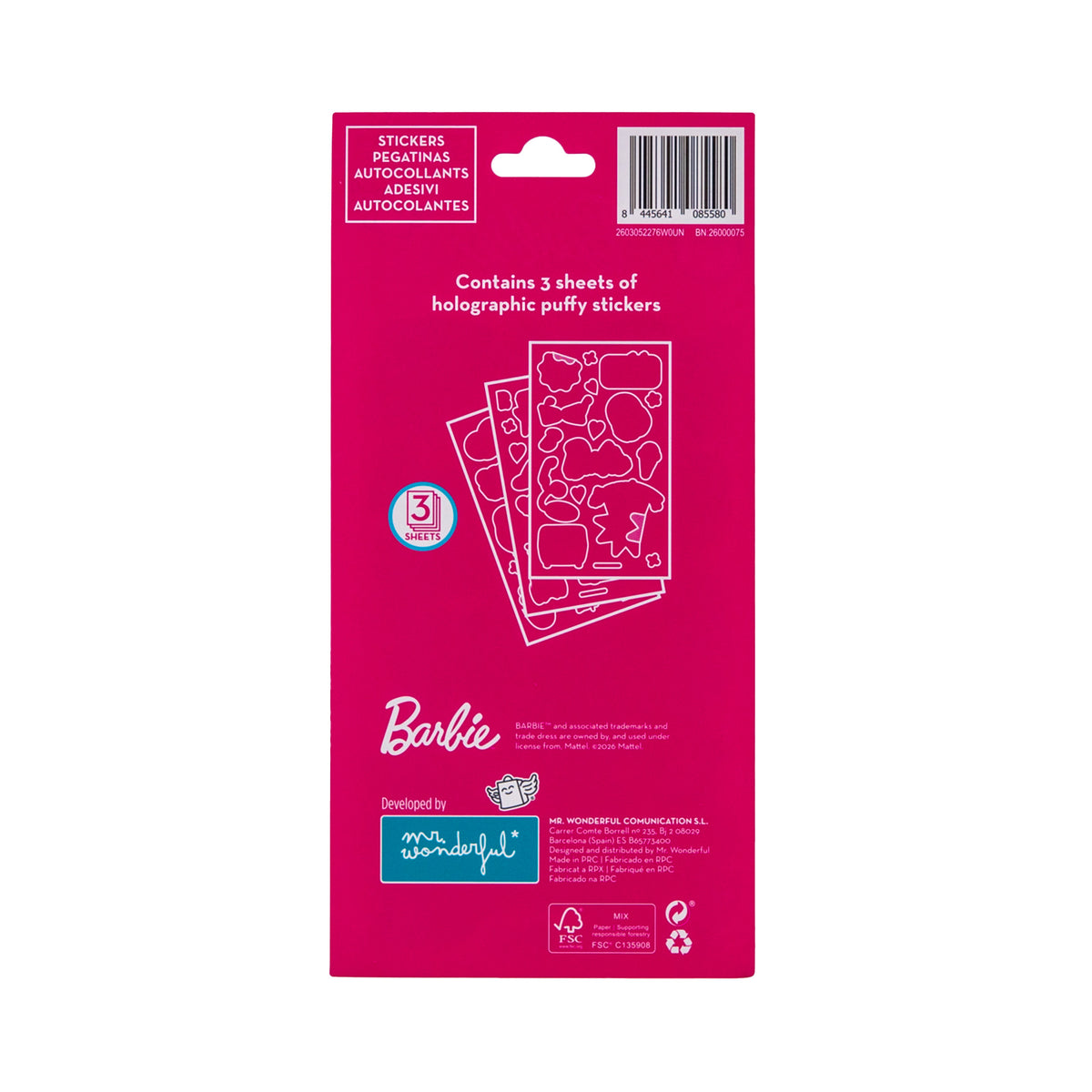 Set de 3 hojas de pegatinas Barbie Mr. Wonderful