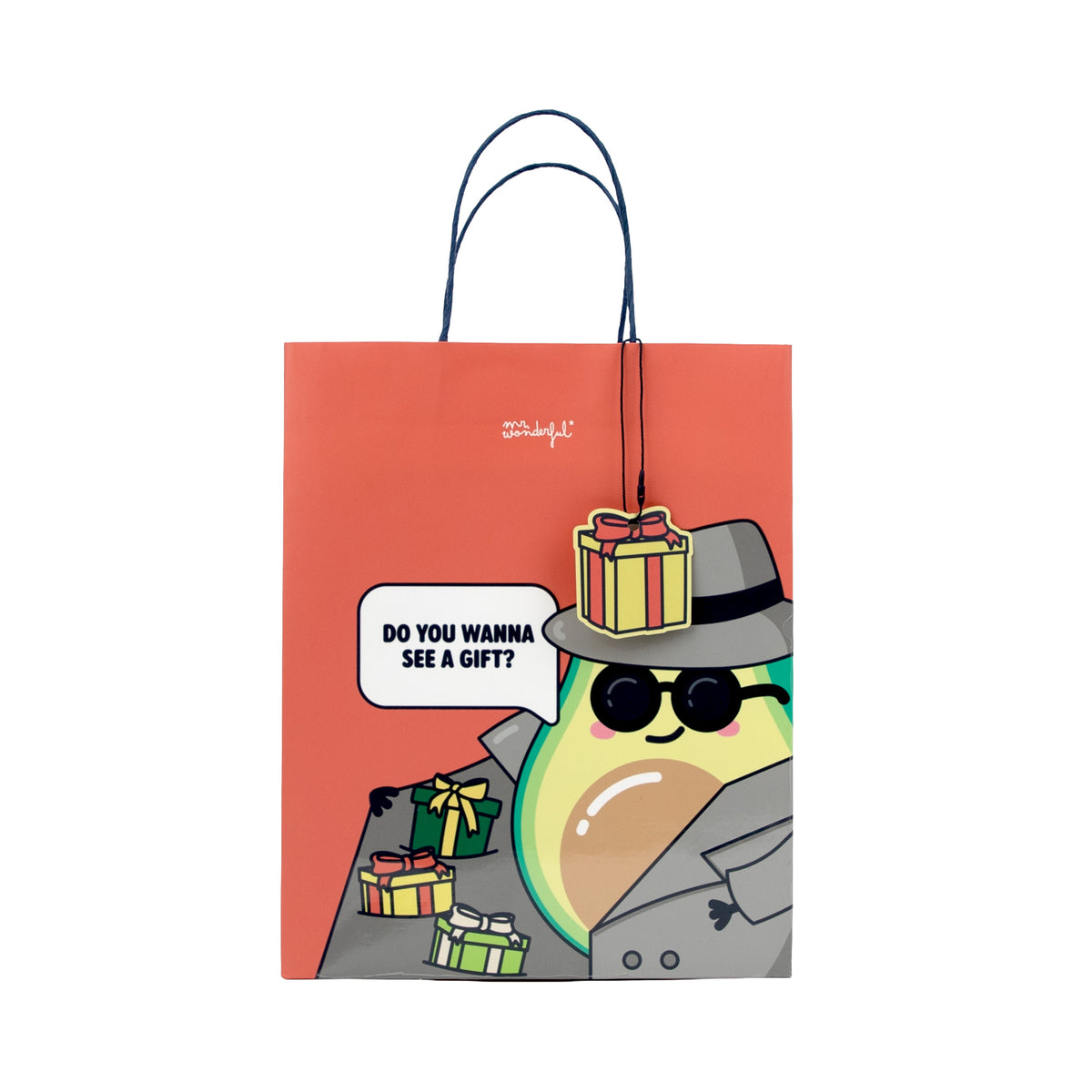 Bolsa de regalo original naranja con un aguacate de Mr. Wonderful