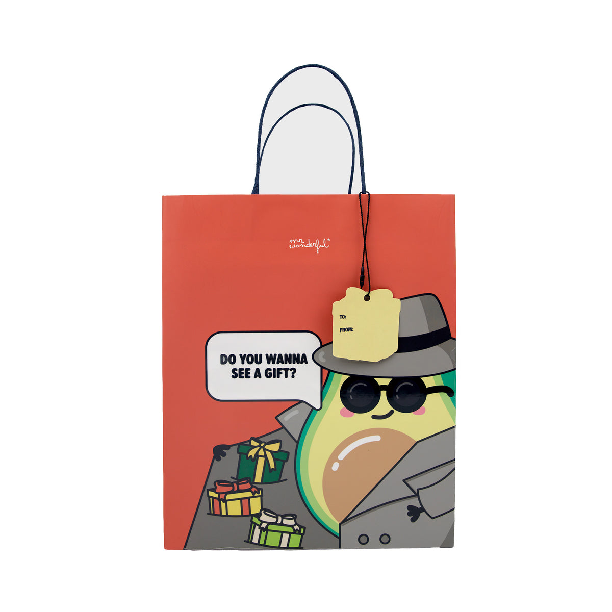 Bolsa de regalo original naranja con un aguacate de Mr. Wonderful