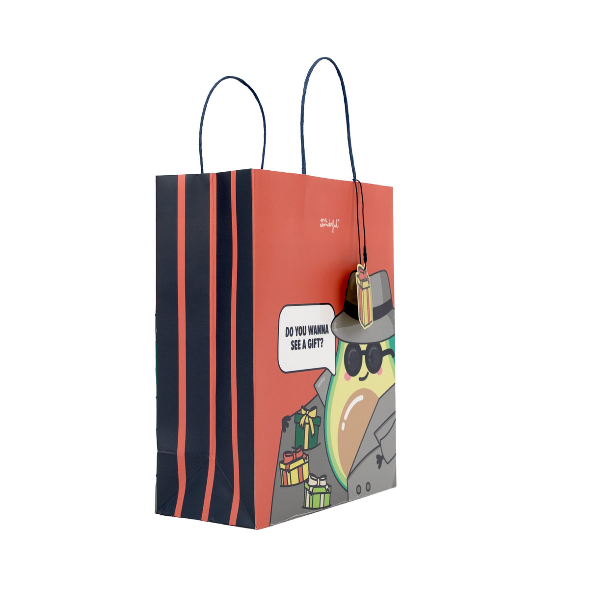 Bolsa de regalo original naranja con un aguacate de Mr. Wonderful