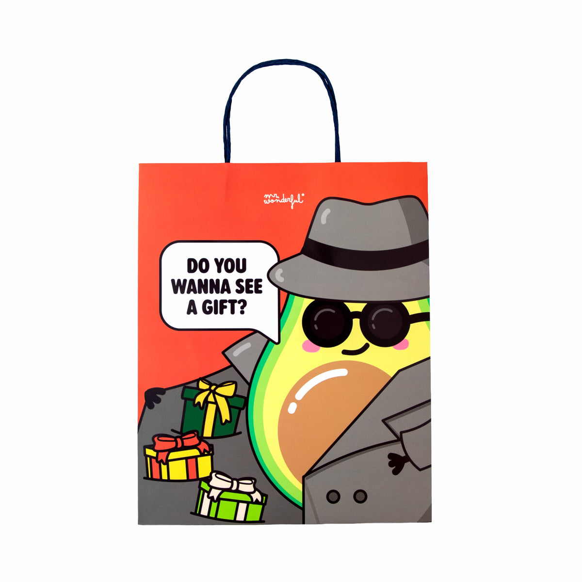 Bolsa de regalo original naranja con un aguacate de Mr. Wonderful