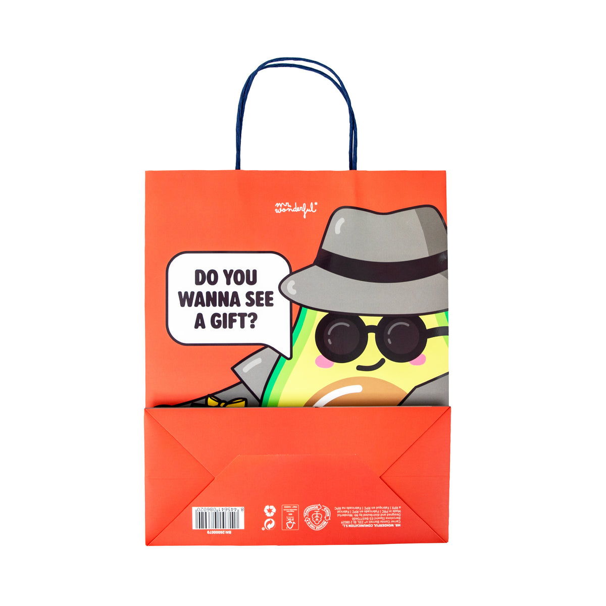 Bolsa de regalo original naranja con un aguacate de Mr. Wonderful